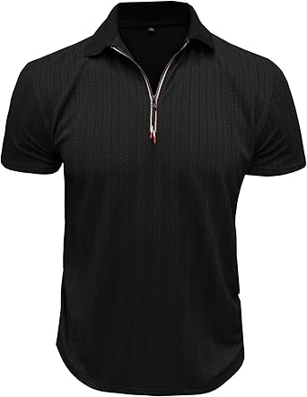 Men's Quarter Zip Polo Short Sleeve Collared T-Shirts Vintage Textured Casual Summer Tee Shirt