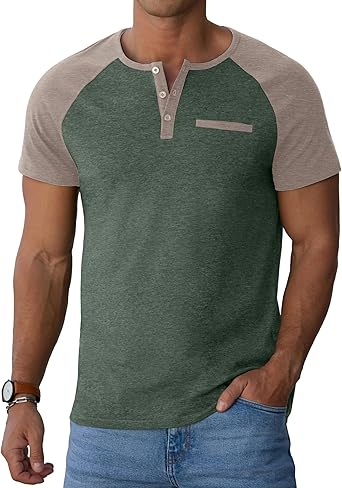 Mens Cotton Henley Shirts Short Sleeve Casual T-Shirts Summer Button T Shirts with Pocket
