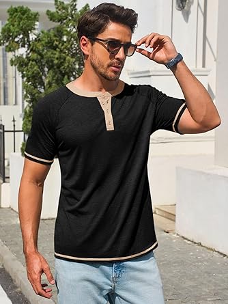 Mens Henley Shirts Short Sleeve Casual Summer Basic T Shirts Button Vintage Lightweight Tee Tops
