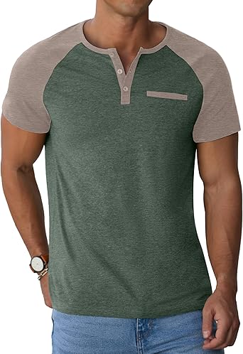 Mens Cotton Henley Shirts Short Sleeve Casual T-Shirts Summer Button T Shirts with Pocket