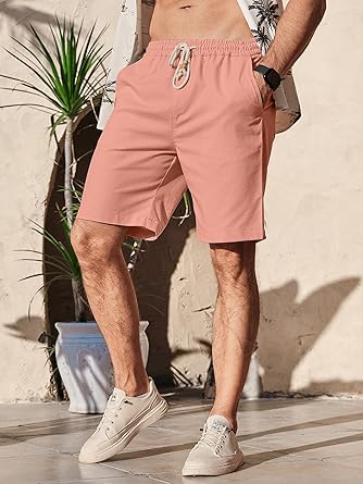 Men's Linen Shorts Casual Elastic Waist Drawstring Summer Beach Vacation Yoga Golf Shorts with Pockets