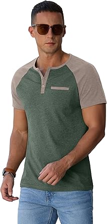 Mens Cotton Henley Shirts Short Sleeve Casual T-Shirts Summer Button T Shirts with Pocket