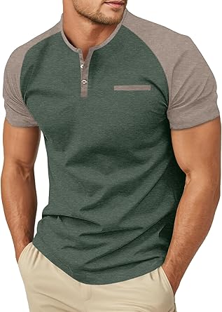Mens Cotton Henley Shirts Short Sleeve Casual T-Shirts Summer Button T Shirts with Pocket