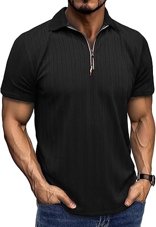 Men's Quarter Zip Polo Short Sleeve Collared T-Shirts Vintage Textured Casual Summer Tee Shirt