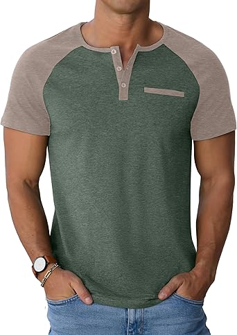 Mens Cotton Henley Shirts Short Sleeve Casual T-Shirts Summer Button T Shirts with Pocket
